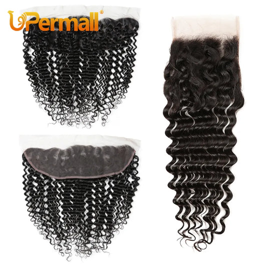 Upermall Deep Wave HD Transparent 13x4 Lace Frontal & Swiss 4×4 Closure Brazilian Remy Human Hair Pre Plucked Can Be Bleached