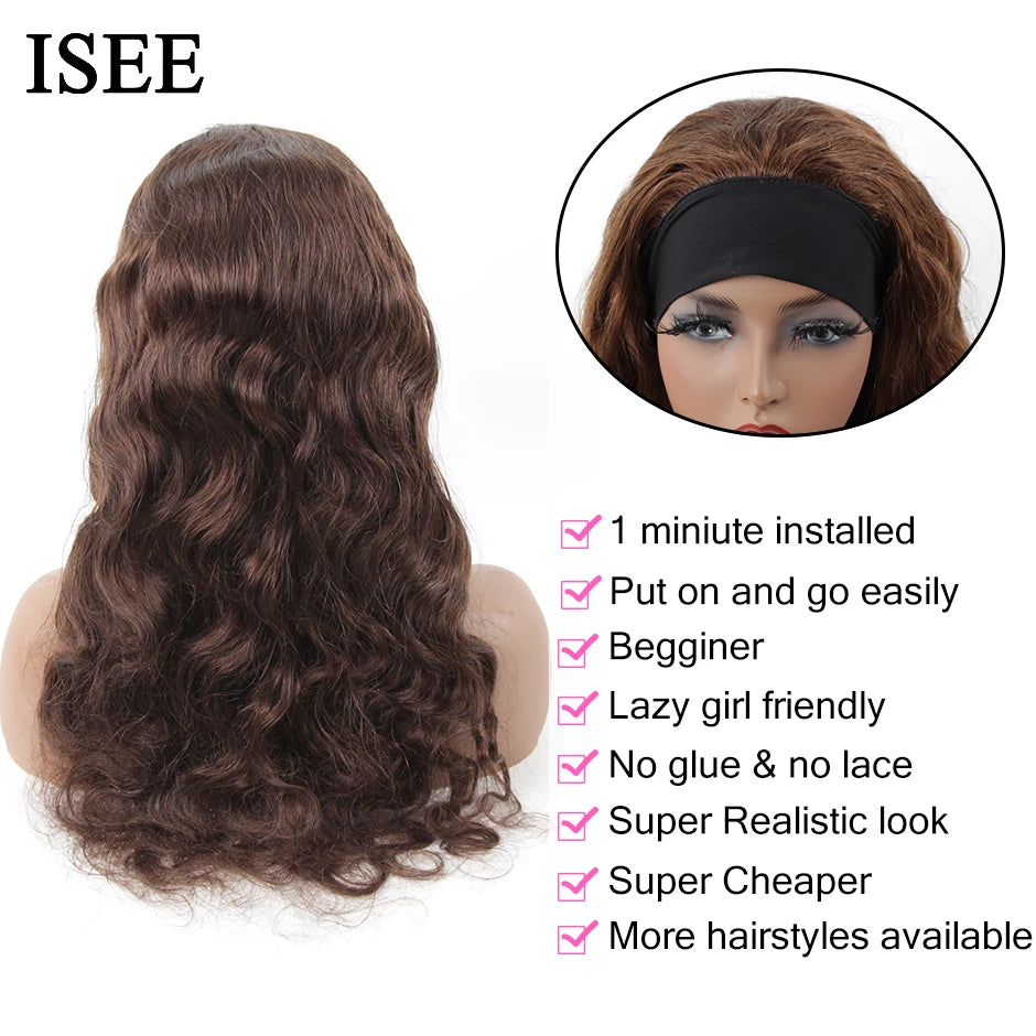 ISEEHAIR Headband Wig Natural Color Body Wave Human Hair Wigs Scarf Wig Peruvian Hair Body Wave Wig Glueless Wig for Women