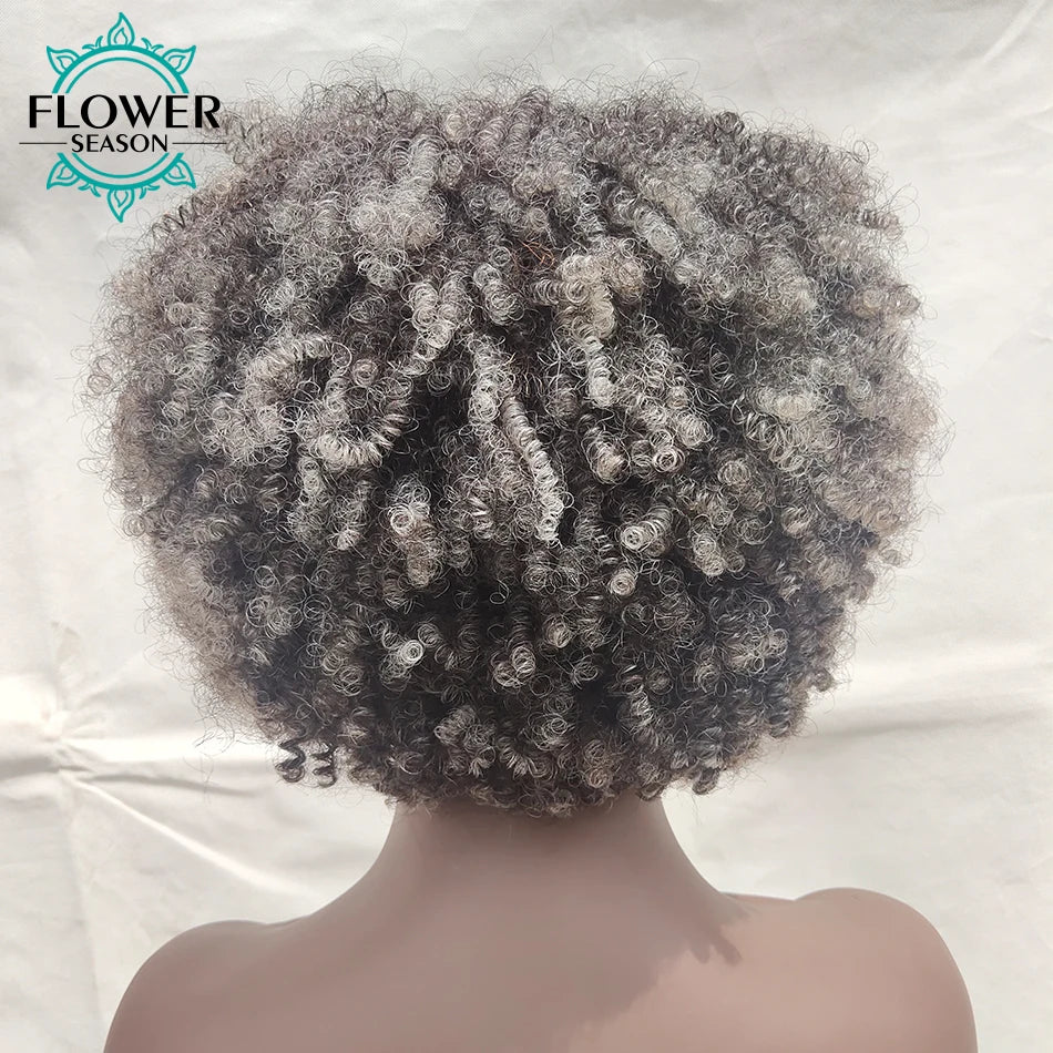 Grey Human Hair Wigs Short Afro Kinky Curly Grey Wig with bangs 180% Ombre Gray Curly Bob Wigs for Women Full Machine Made