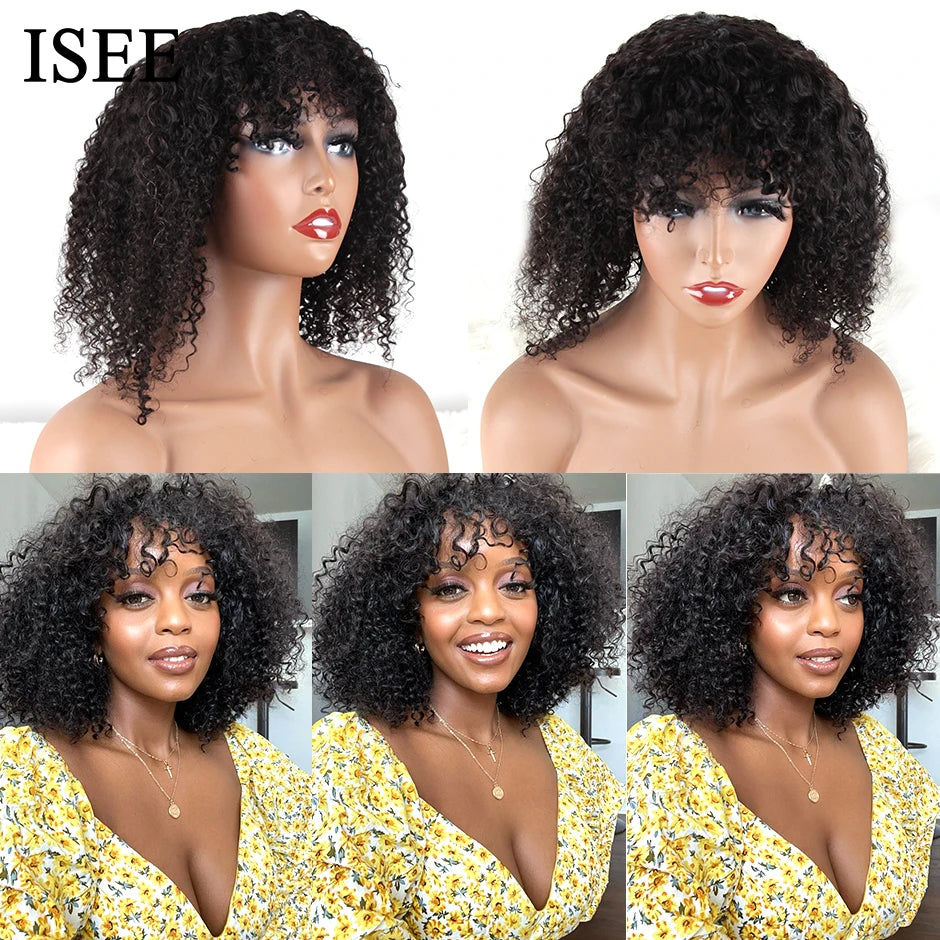 ISEE HAIR Machine Made Sew In Short Bob Wig With Bangs Human Hair Wigs Mongolian Curly Wig with Bang For Women Glueless Wigs