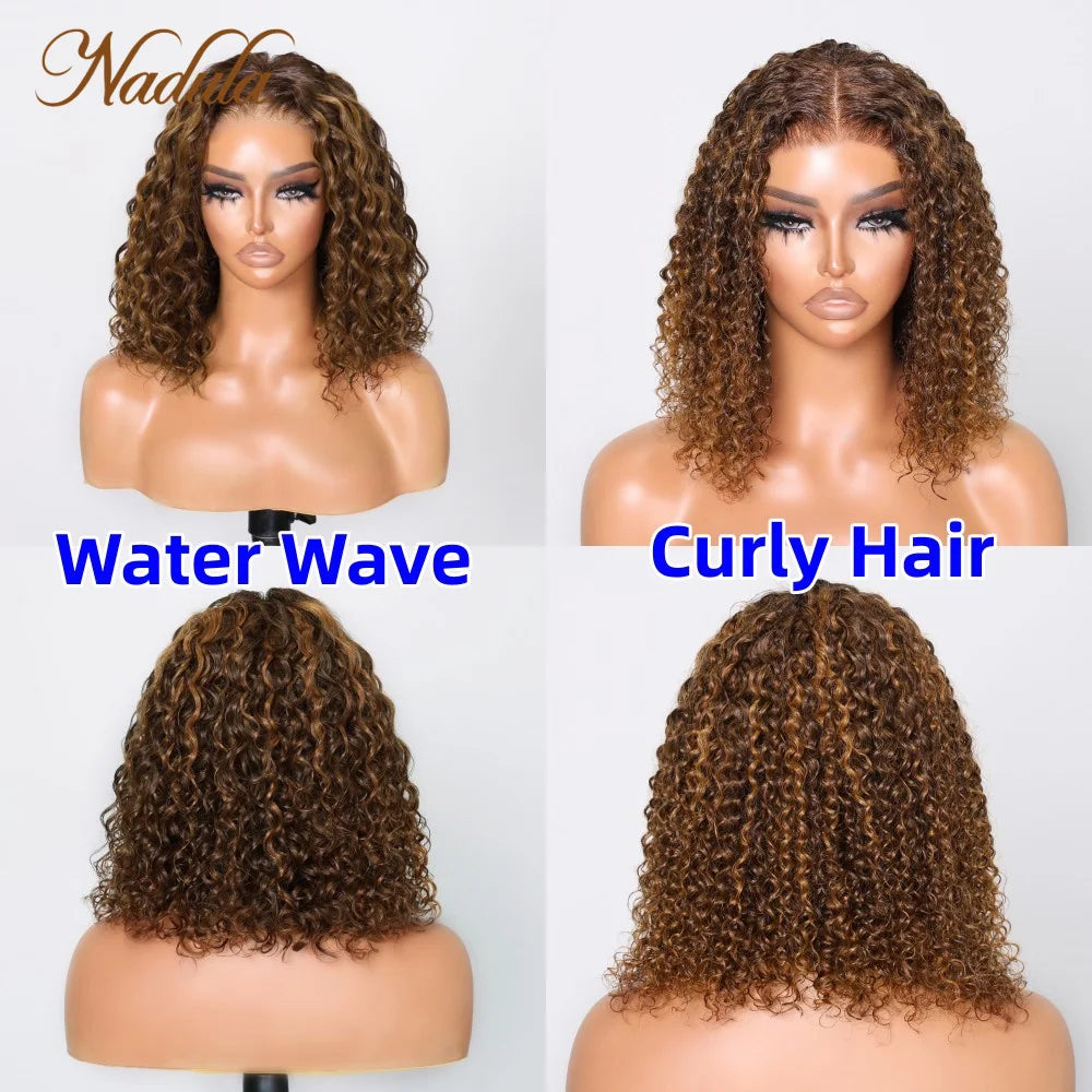 Nadula Hair Water Wave 6x4.75 Pre-Cut Lace Closure Wig Piano Brown Highlight Color 3 Second Install Curly Hair Cute Bob Wig