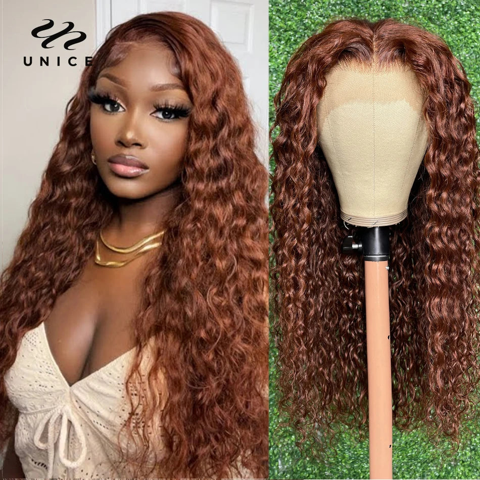 Unice Hair Water Wave 13X4 Lace Frontal Wig 33B Dark Auburn Color Human Hair Lace Wig Reddish Brown Colored Lace Wig for Women