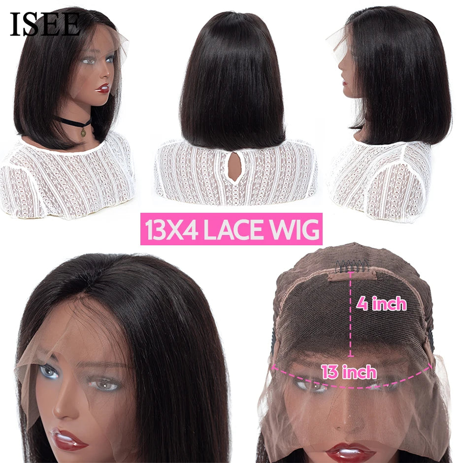 ISEE Hair Malaysian Straight Short Bob 13x4 Lace Frontal Wig Pre Bleached Knots Bone Straight 4x4 Lace Closure Human Hair Wigs