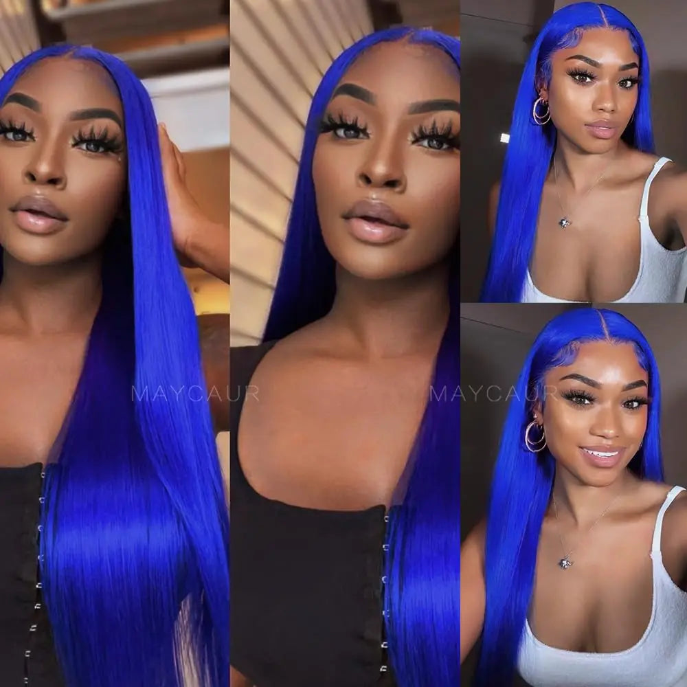 Navy Blue Color Straight 13x4 Lace Front Wig Glueless Blue Colored  Human Hair Wigs For Women Remy Pre Plucked Lace Frontal Wigs