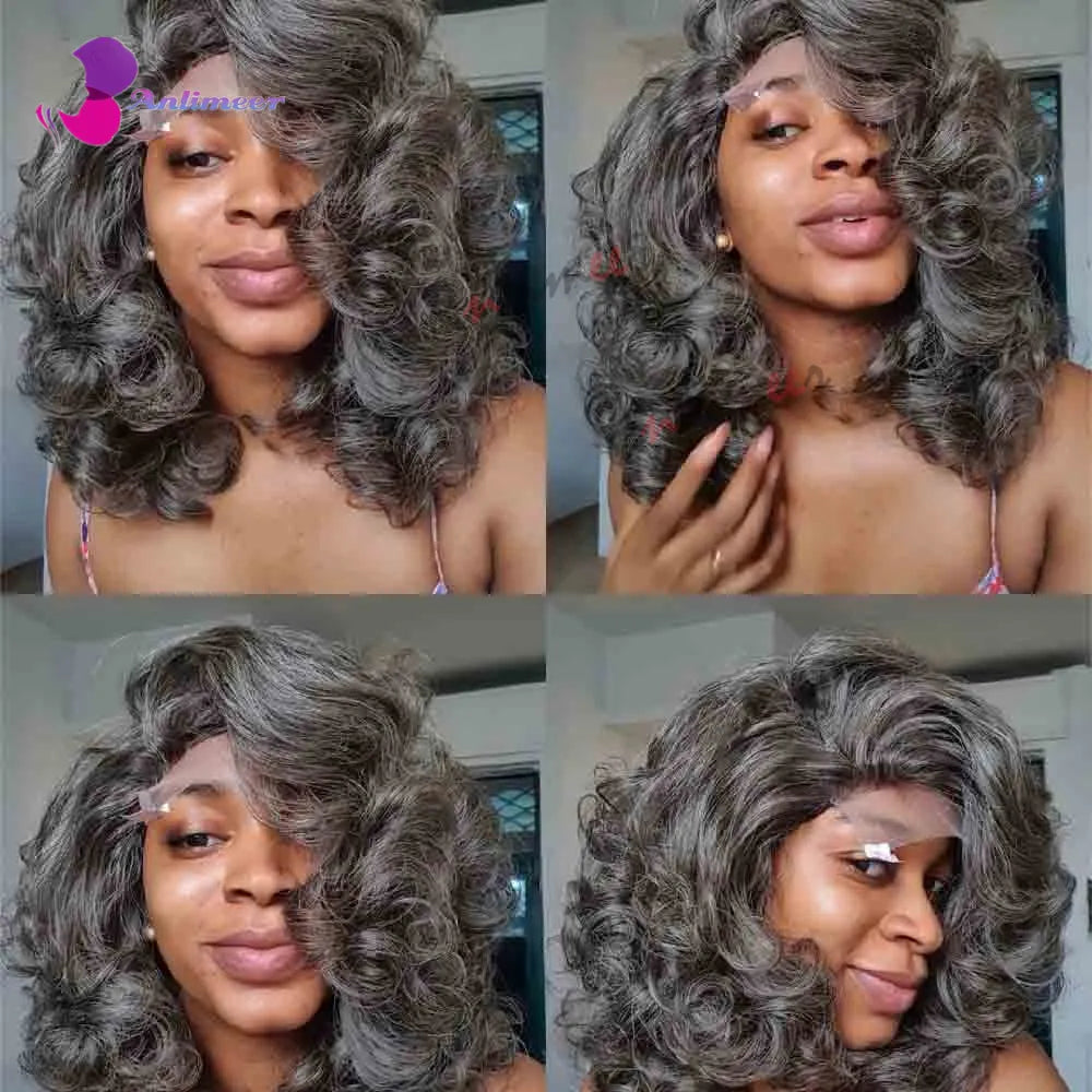 Short Wavy Wig Human Hair Grey Mixed Black Highlight Wig Transparent Lace Front Wigs Human Hair Pre Plucked Short Hair Wigs