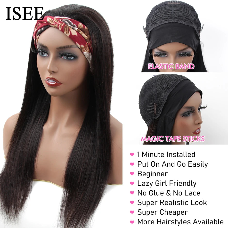 Straight Women's Headband Wig Malaysian Human Hair Wig Straight No Lace Scarf  Wigs Glueless Natural ISEE HAIR Wig For Female