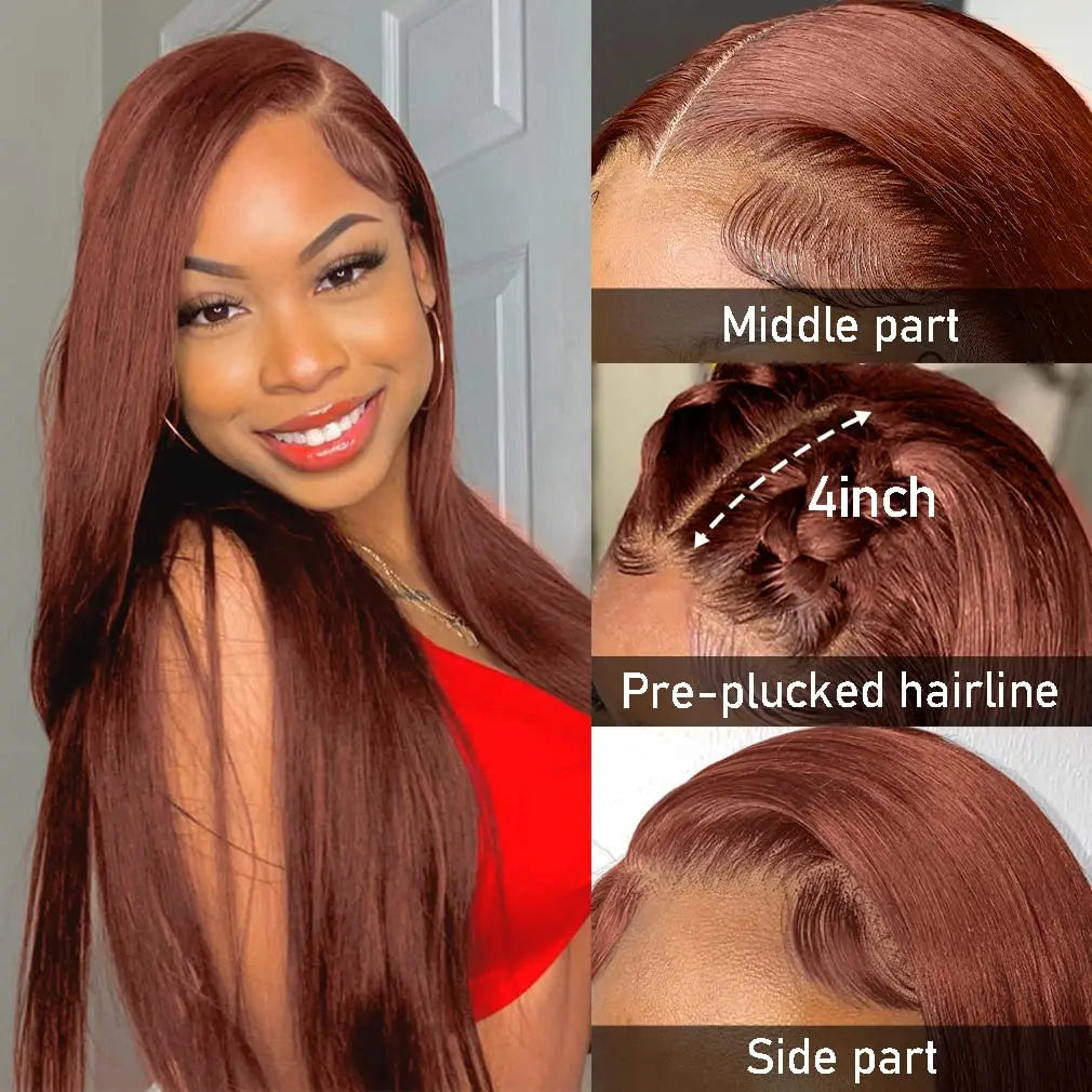 Reddish Brown Lace Front Human Hair Pre Plucked Dark Red Brown Bone Straight 13x4 13x6 HD Lace frontal Wig On Sale Clearance