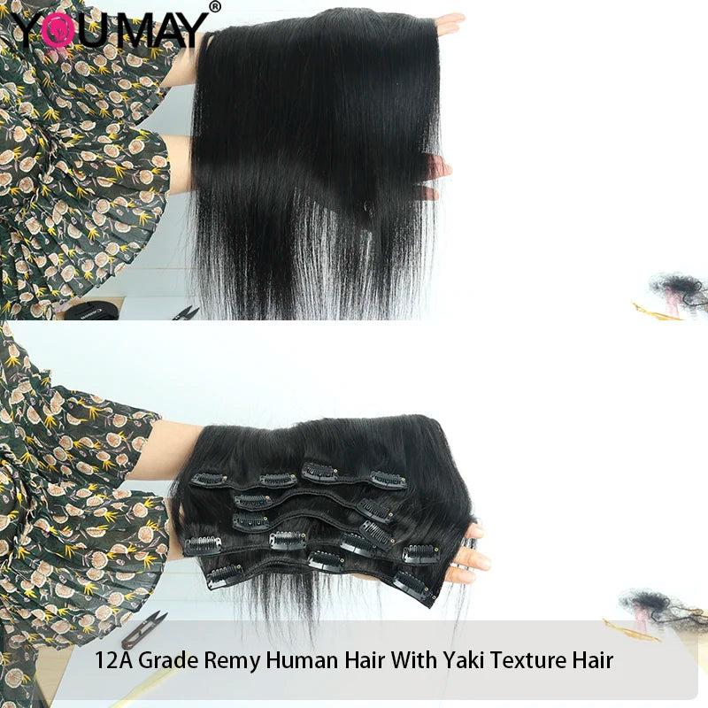 Clip In Human Hair Extensions Light Yaki Straight Hair Bundles Brazilian RemyYaki Coarse Kinky Clip Ins For Black Women Youmay