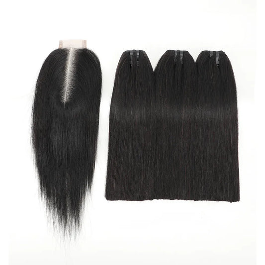 Bone Straight Raw Human Hair Bundles 100% 12A Straight Raw Human Hair Nature Black 3bundles with Closure 2x6 Lace Kim K Closure