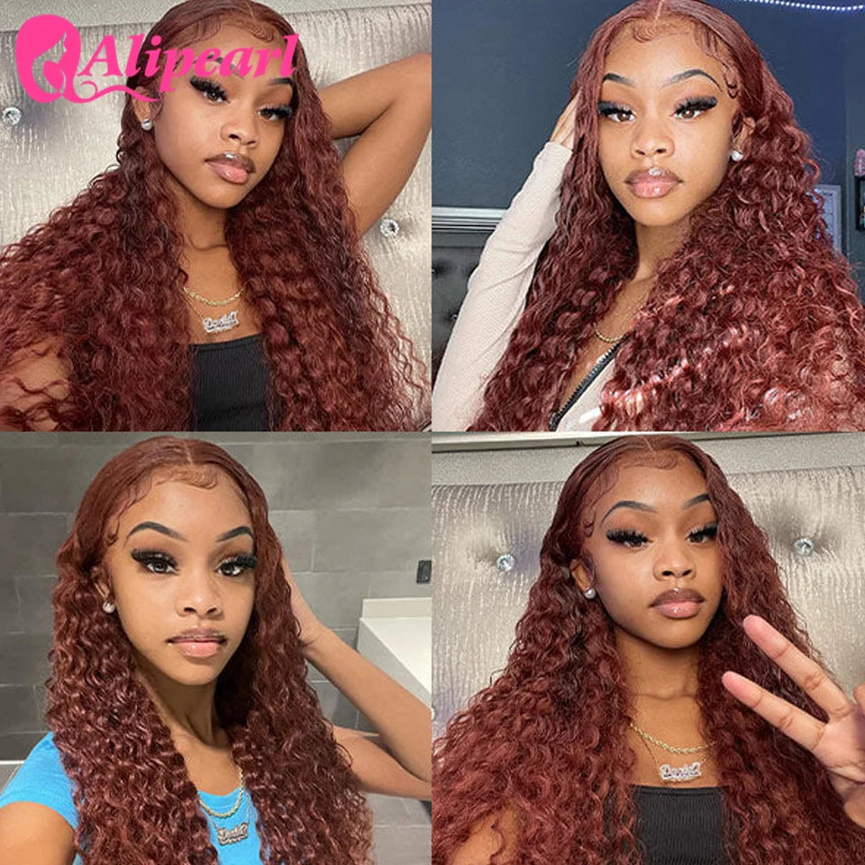 AliPearl Kinky Curly Lace Front Human Hair Wigs Reddish Brown Transparent 13x4 Lace Front Wig PrePlucked for Women Peruvian Wig