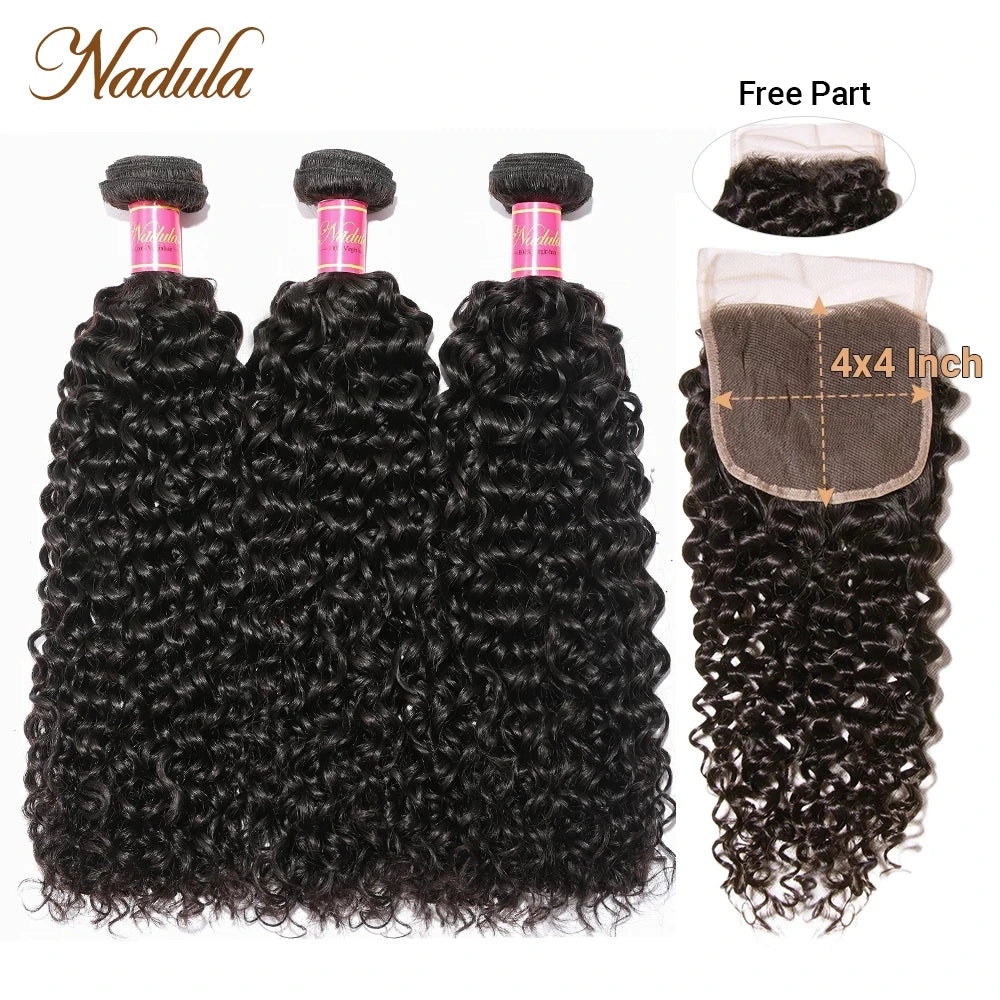 Nadula Hair Brazilian Curly Bundles With Closure 4*4 Lace Closure Remy Human Hair Bundles With Closure 3 Bundles With Closure