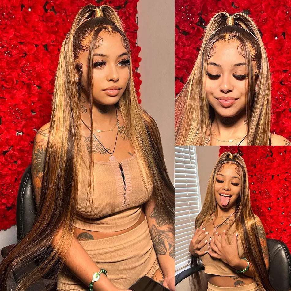 34Inch Bone Straight Highlight Lace Front Human Hair 4/27 Ombre 13x4 Lace Frontal Wigs 13x6 Honey Blonde Colored Wigs For Women