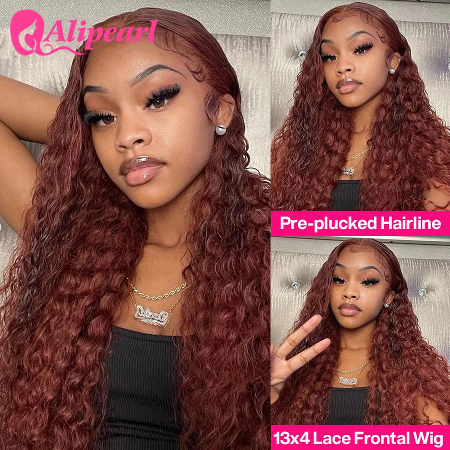 AliPearl Kinky Curly Lace Front Human Hair Wigs Reddish Brown Transparent 13x4 Lace Front Wig PrePlucked for Women Peruvian Wig