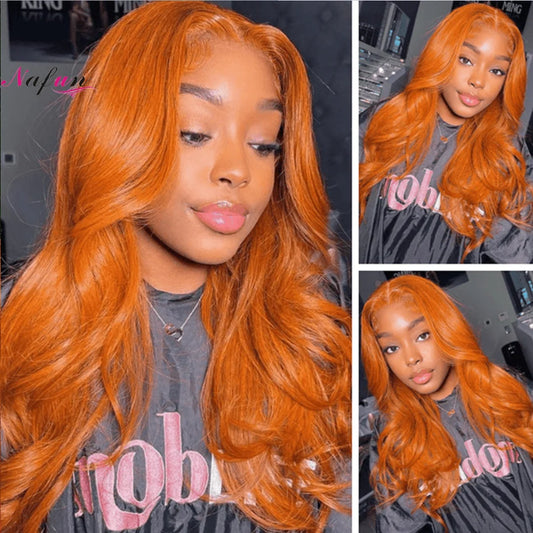 Hd 180 Density Body Wave Ginger Orange Huamn Hair Wigs 32 Inch Glueless Transparent 13X4 Lace Frontal Wigs For Women Pre Plucked