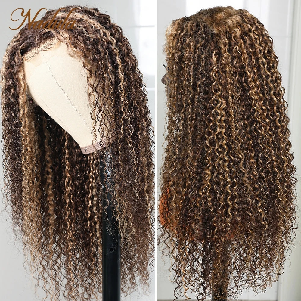 Nadula Hair First Ever Glueless 13x4 Frontal Highlighted Curly Pre Cut Lace Frontal Wig And Invisible Knots Honey Blond Hair