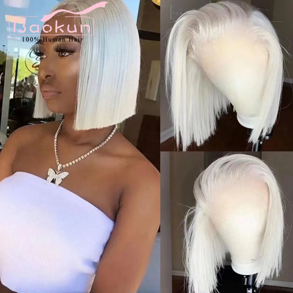 13x4 Platinum Blonde Short Curly Human Hair Wigs Glueless Remy 13x6 HD Lace Frontal Wig Bob Straight Lace Front Wigs For Women