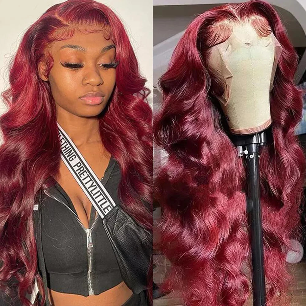 30 34Inch 280 Density 99J Burgundy Body Wave Wigs Glueless 13x4 Lace Frontal Human Hair Wigs For Women Wine Red Lace Closure Wig