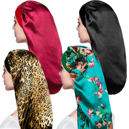 Satin Sleep Cap for Long Hair Extra Large Solid Color Floral Sleeping Bonnet for Women Elastic Hair Hat Sleeping Wrap Night Cap