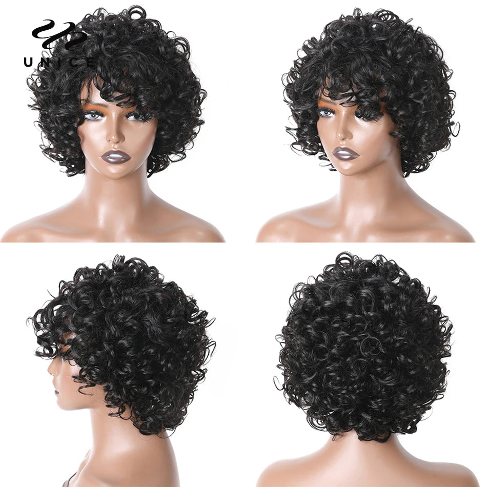 Unice Hair Short Loose Curly Wigs Brazilian Hair Bouncy Waves Pixie Cut Wig Fluffy Curls Bob Wig For Women Human Hair Wigs