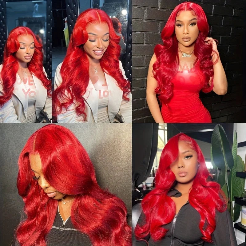 Hot Red Hd 13x4 Body Wave Lace Frontal Wigs For Women Transparent 99J Burgundy Wave Lace Front Wigs Red Colored  Human Hair Wigs