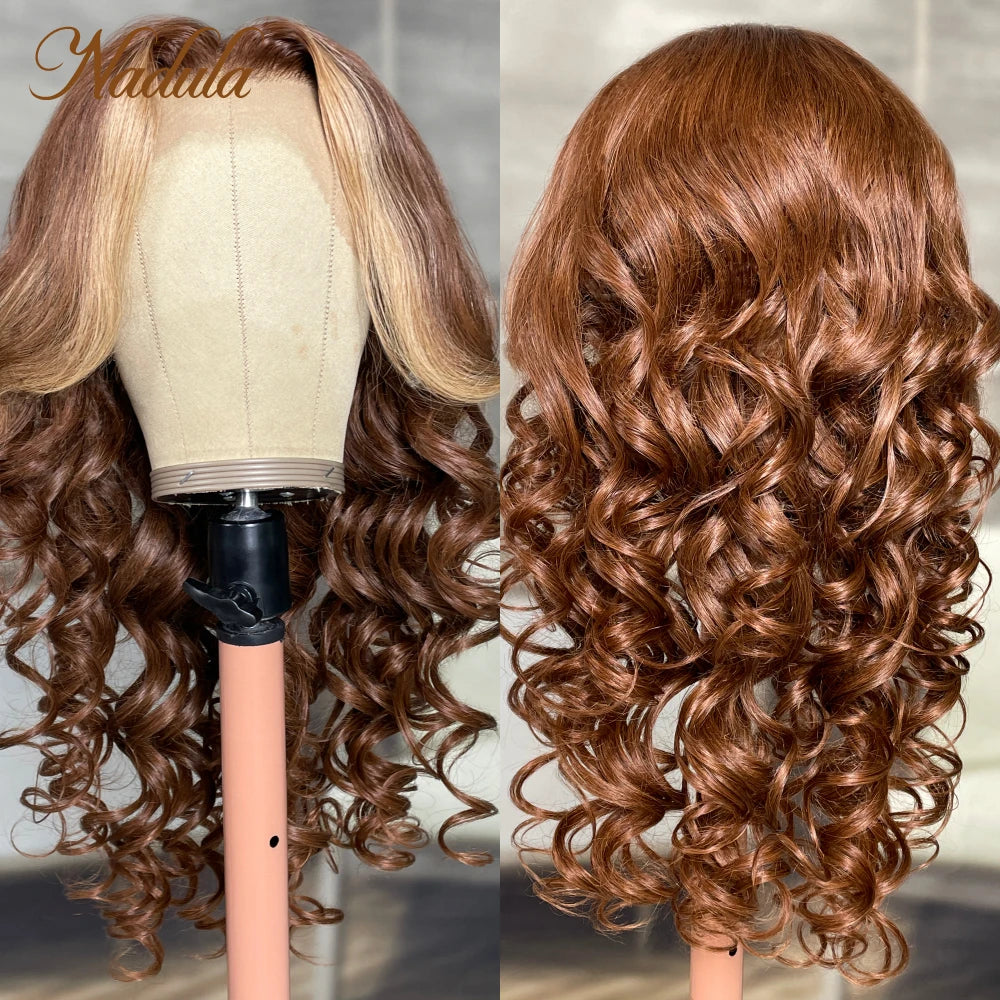 Nadula Hair Face Framing loose Wave Lace Front Human Hair Wig 13x4 Brunette with Blonde Highlight Lace Wig Money Piece Wig