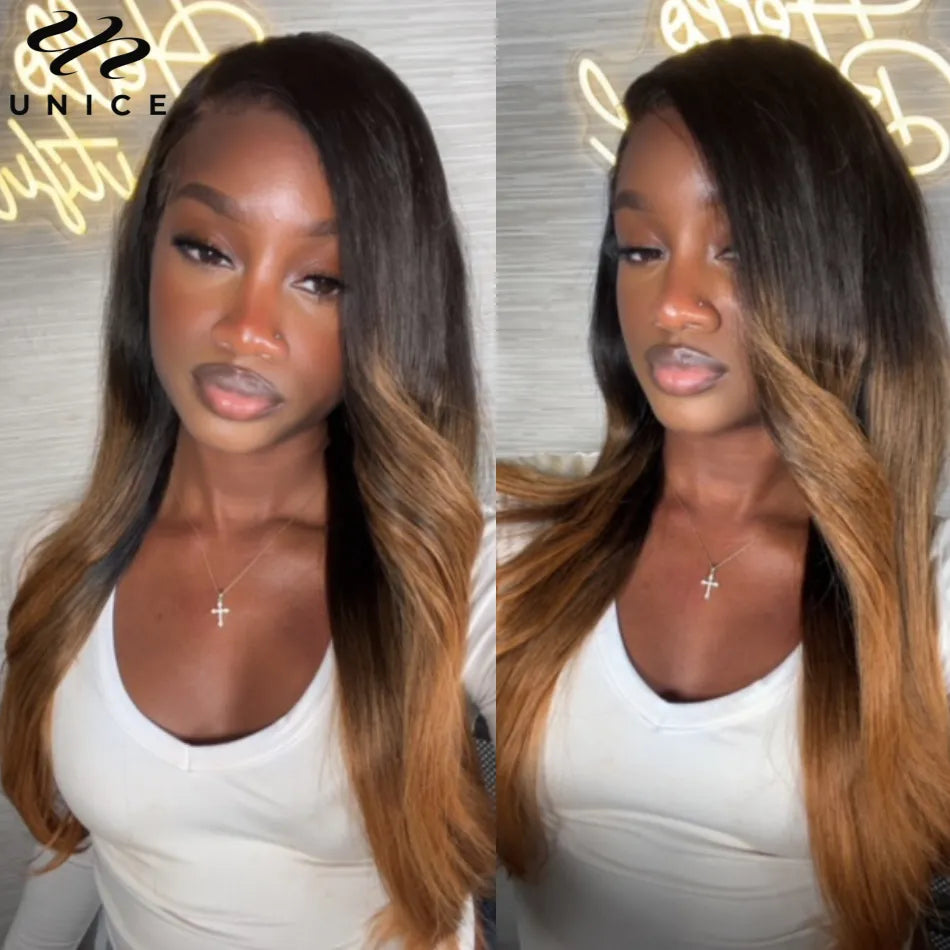 UNice Hair 13x4 Lace Front Wig Toasted Caramel Ombre Body Wave Wig With Dark Roots