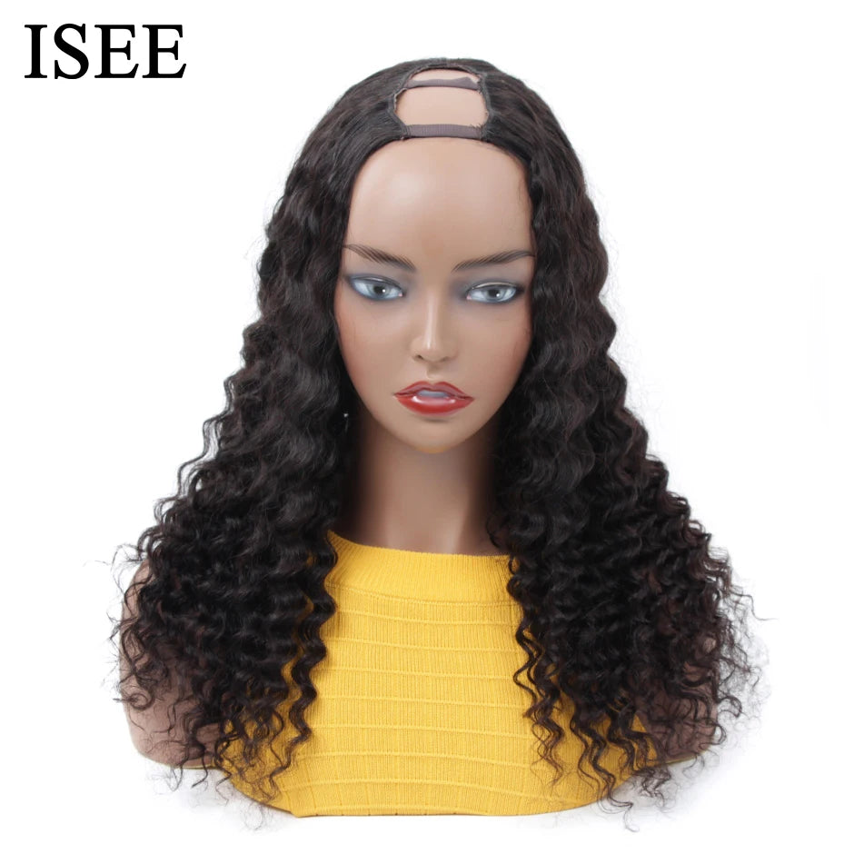 ISEE HAIR Brazilian Deep Wave U Part Wigs Human Hair 180% Density Loose Deep Wave Human Hair Wigs Middle U Part Machine Made Wig