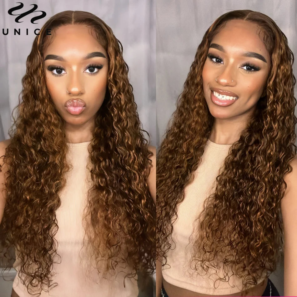 UNice Hair P430 Mixed Brown Water Wave Wig Pre Cut Lace 6x4.75 Glueless Wear Go Wigs Human Hair Lace Closure Wigs for Women