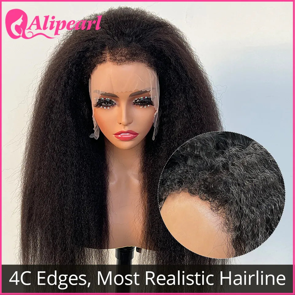 Ali Pearl Realistic 4C Kinky Edges Lace Front Human Hair Wigs Kinky Straight 13x4 Lace Front Wig Peruvian Glueless Wig For Women