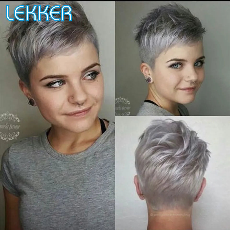 Lekker Short Pixie Silver Grey Straight Bob Human Hair Wig For Women Brazilian Remy Hair Glueless Colored Machine Made Cheap Wig