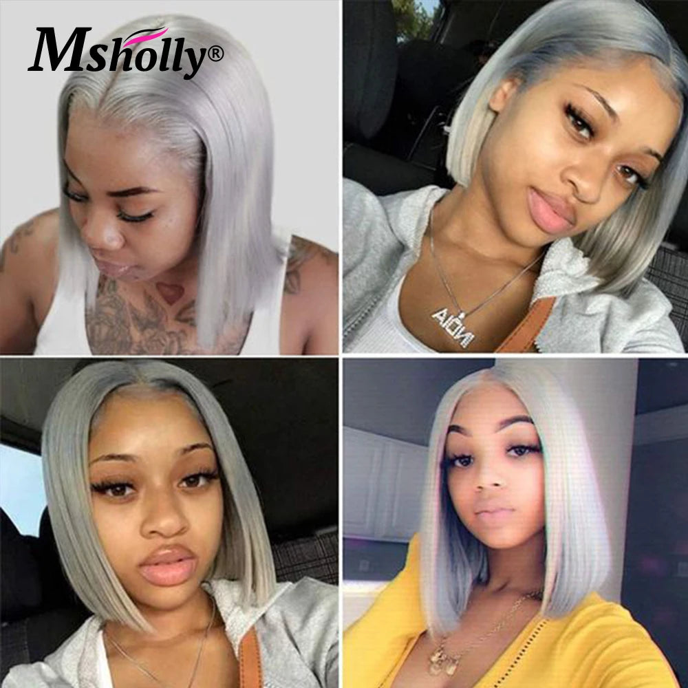 Grey Bob Short Bob Wig Human Hair HD Transparent Lace Front Wig Silver Gray Blonde Wig For Women Guleless Remy Hair Preplucked