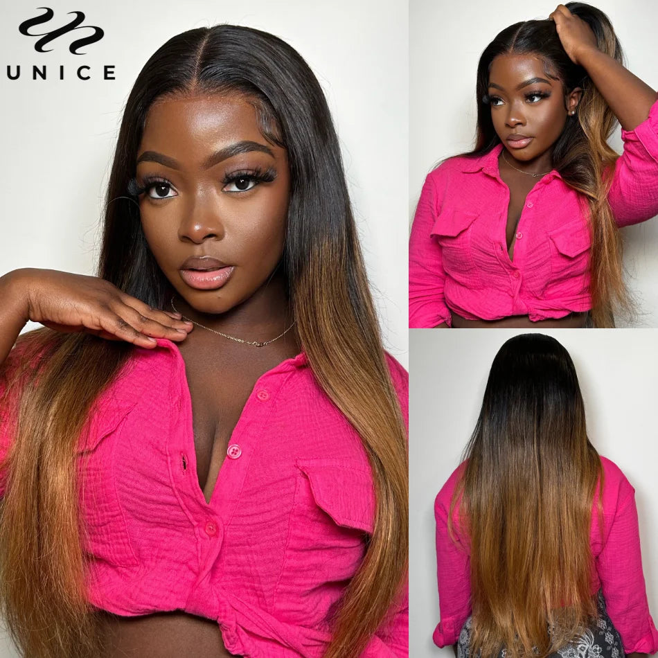 UNice Hair 13x4 Lace Front Wig Toasted Caramel Ombre Body Wave Wig With Dark Roots