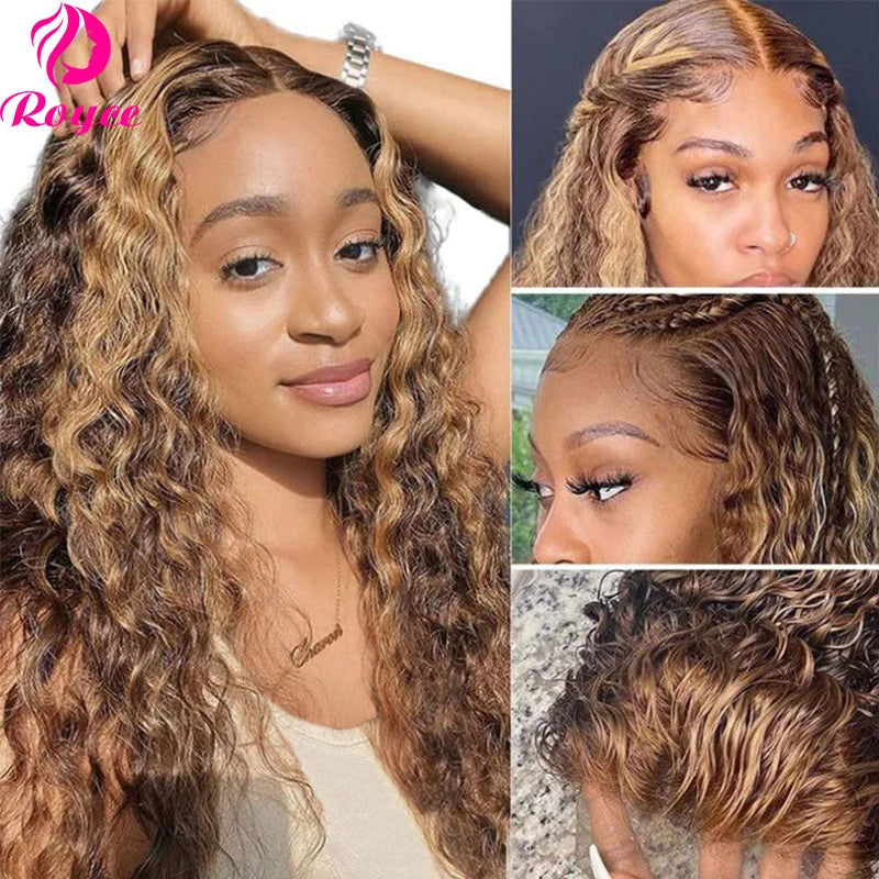 30 Inch Highlight Honey Brown Lace Front Human Hair Wigs Deep Wave 13x4 Remy Ombre Colored Curly  Lace Frontal Wig For Women