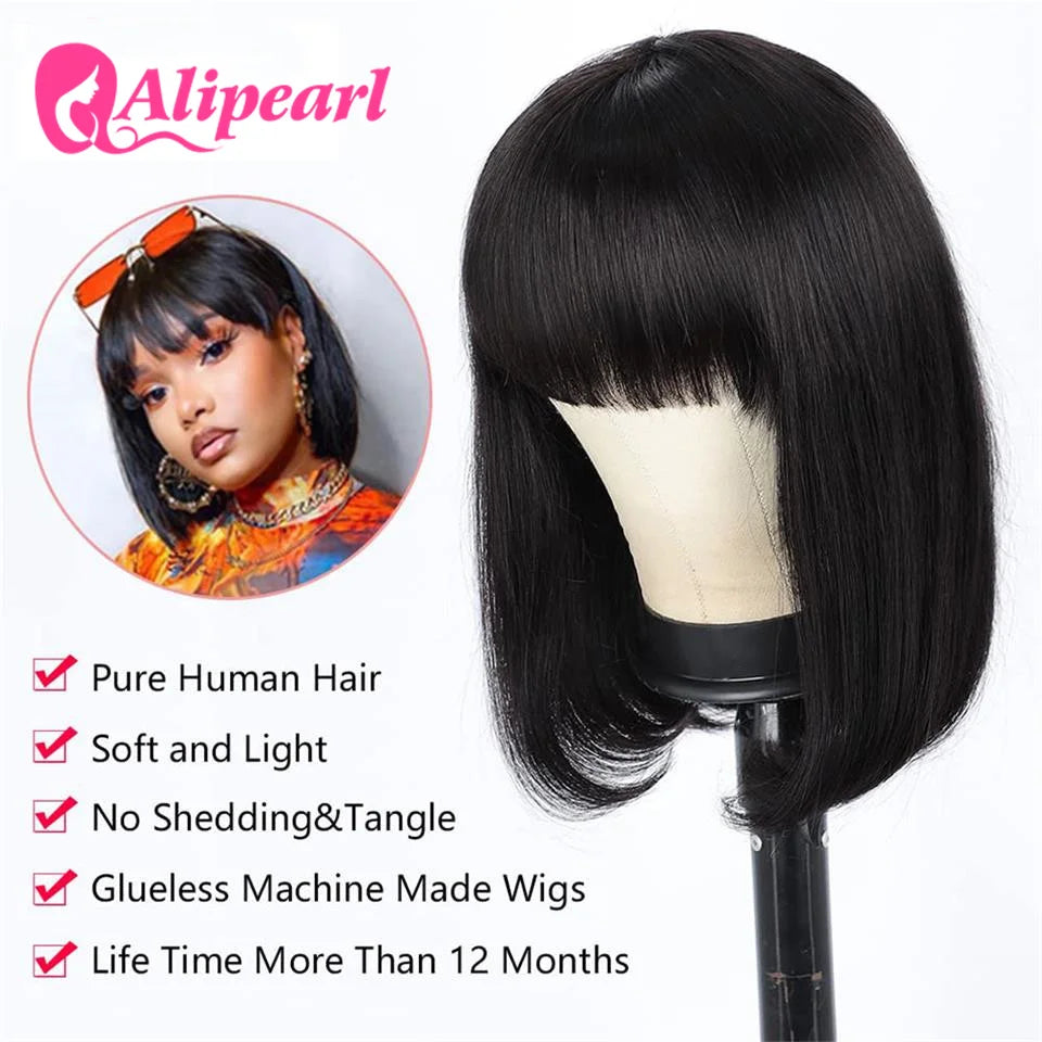 Short Bob Wigs Straight Human Hair Wigs With Bangs Brazilian Full Machine Made Wig for Black Women Glueless Hair Wig Ali Pearl