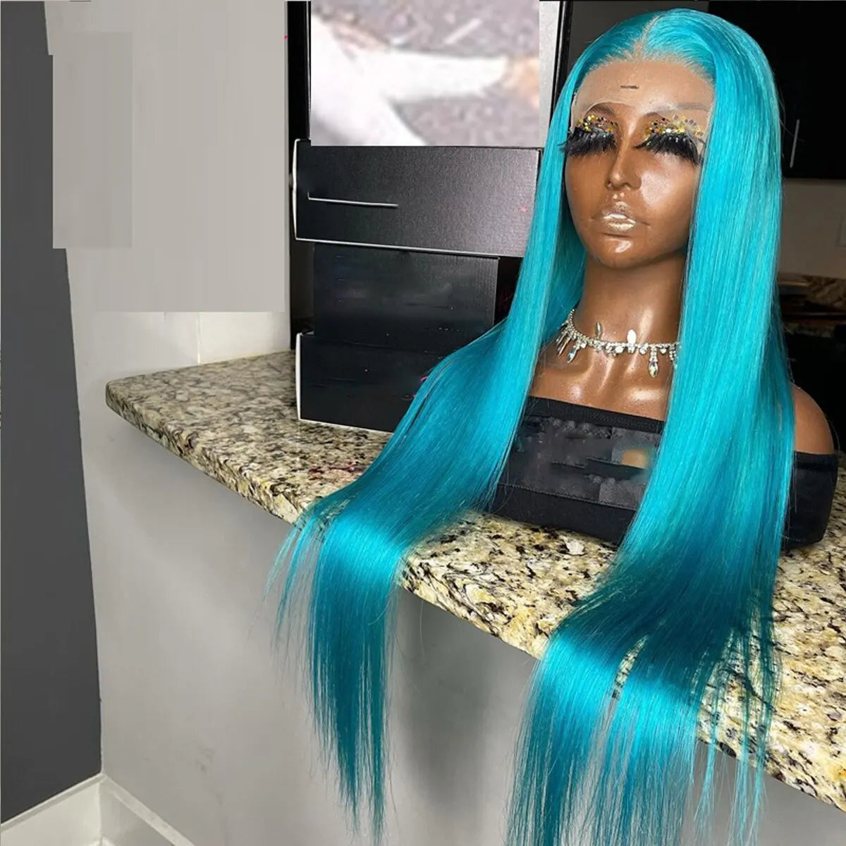 13x4 Deep Lace Front Wig Soft Glueless Natural Sky Blue Color 26" Long Silky Straight For Women Baby Hair 180%Density Preplucked