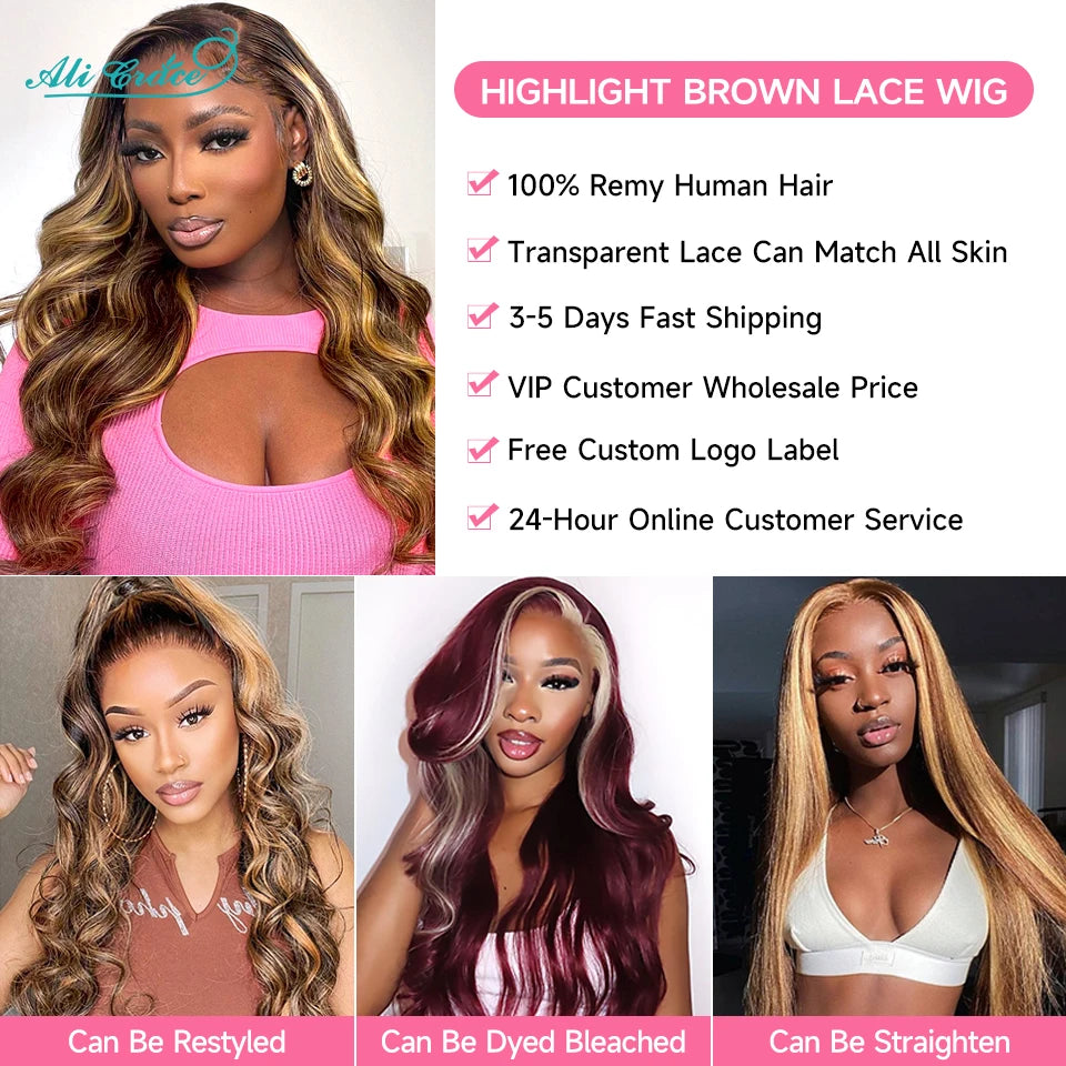 Ali Grace Body Wave Lace Front Human Hair Wigs Ombre Wigs Highlight Brown Human Hair Lace Wigs 13x4 Lace Front Wigs for Women