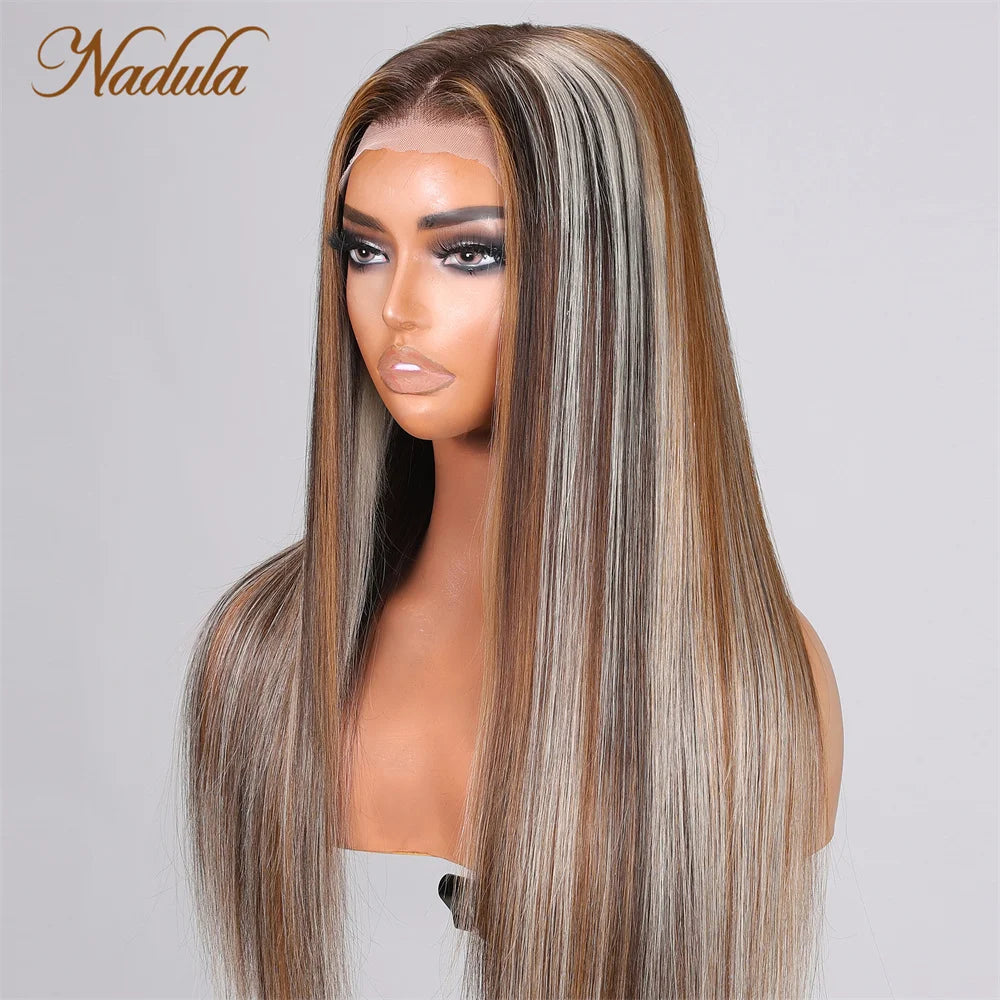 Nadula Straight Hair 13x4 Lace Front Wig Bright Blonde Hair Highlights on Dark Brown Hair 150% Density Mocca & Pale Latte Blonde