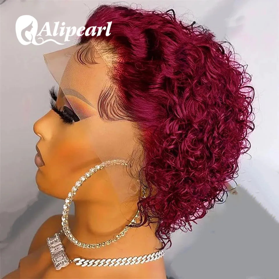 Pixie Cut Human Hair Wigs 99J Burgundy Spring curl Short Bob Human Hair Wig For Women 180% Density Cheap Wig Ali Pearl Hair