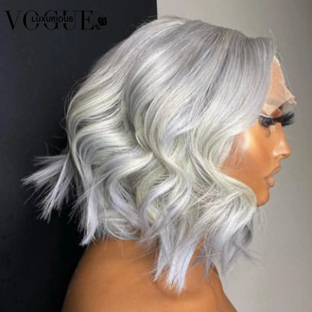 Silver Grey Short Bob Closure Glueless Wig Brazilian Virgin Human Hair 13x4 13x6 Transparent HD Lace Front Wavy Wigs Preplucked