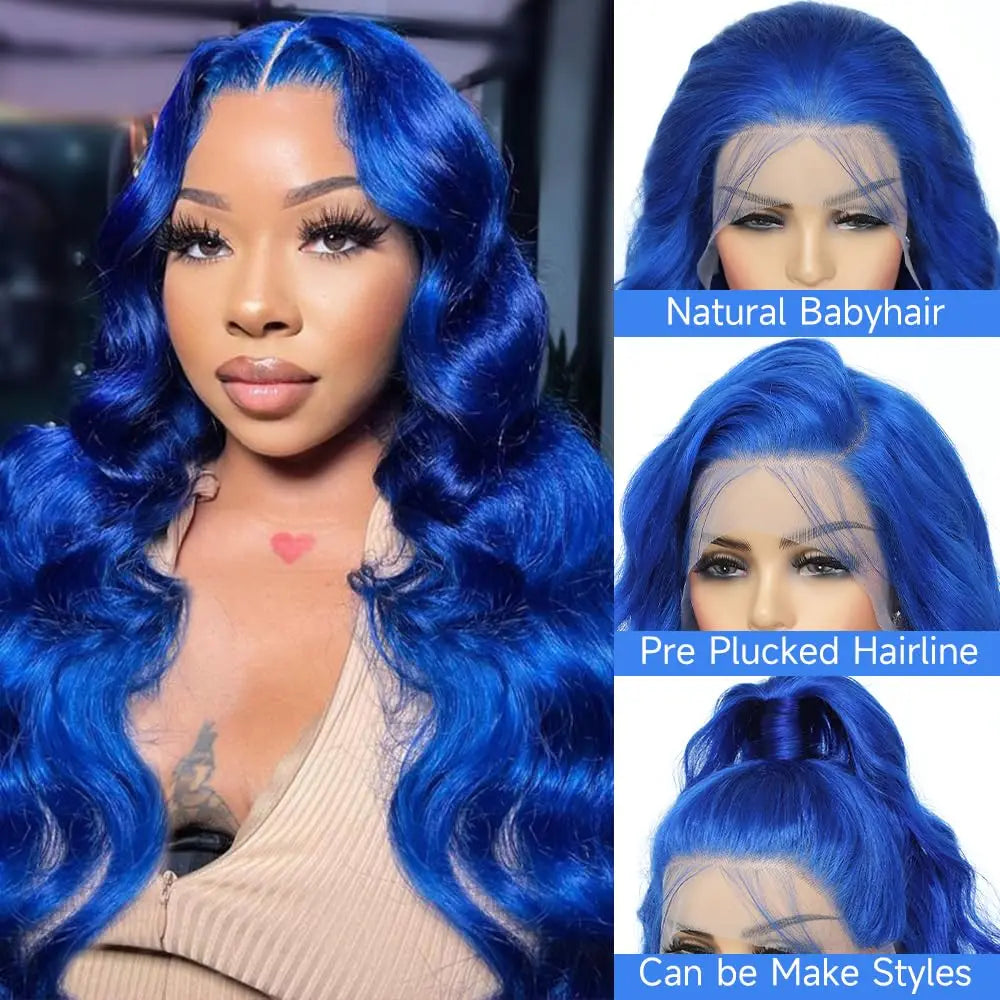 Sapphire Blue 13x4 Lace Frontal Wig Body Wave Human Hair Wigs Dark Blue Color Transparent Pre-Plucked Lace Frontal Wigs For Wome