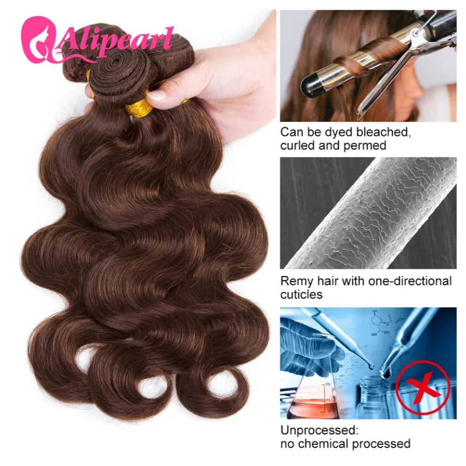 Ali Pearl Hair Chocolate Brown Human Hair Bundles #4 Body Wave  Hair Weaving Brazilain Brown Color Hair Extension 10 - 26 Inches