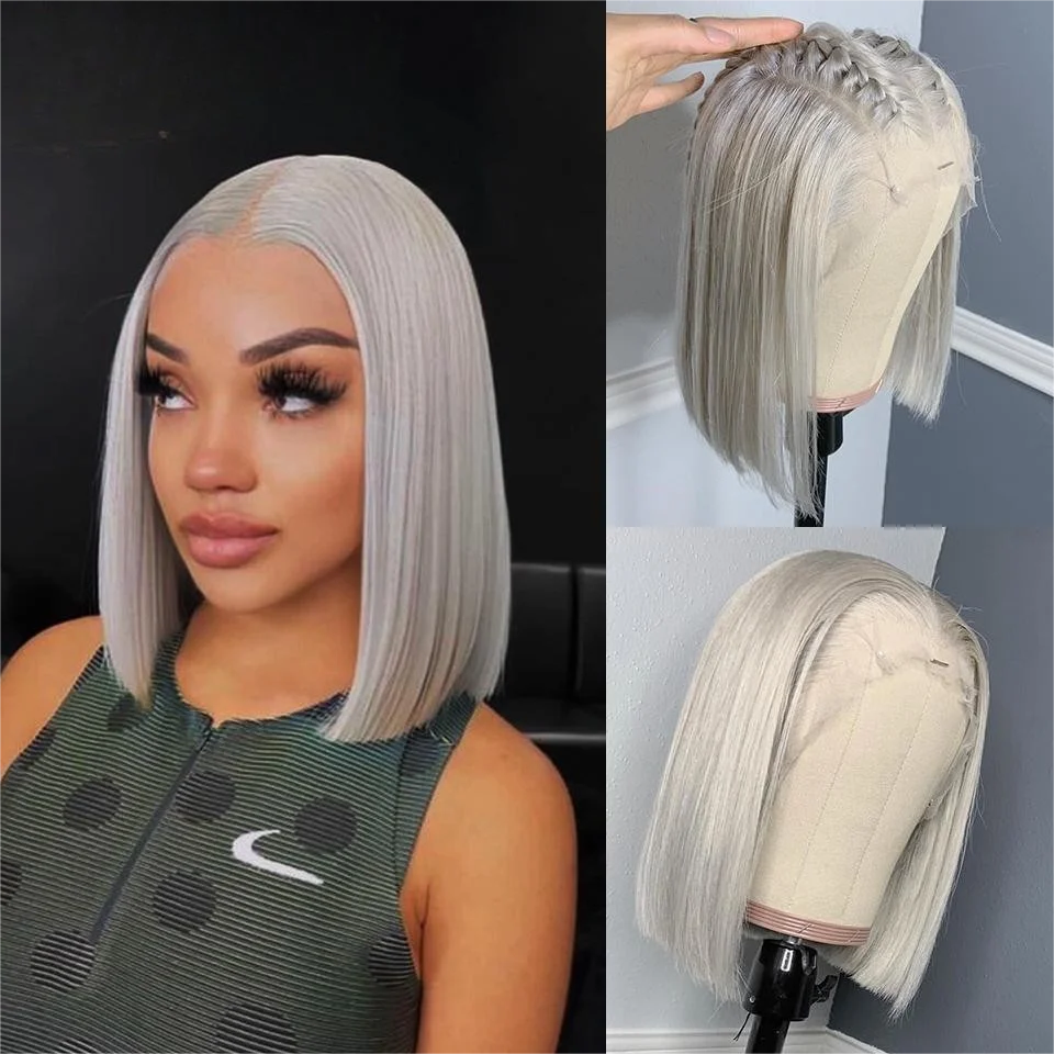 Gray Colored Lace Front Wig Human Hair For Women Grey Short Bob Wig Straight HD Lace Frontal Wig 13x4 Glueless Wig Preplucked