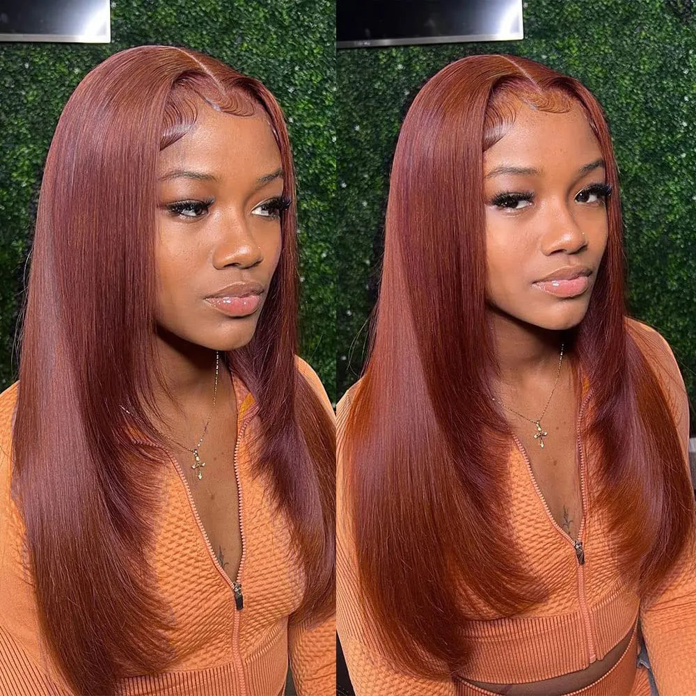 Reddish Brown Lace Front Human Hair Pre Plucked Dark Red Brown Bone Straight 13x4 13x6 HD Lace frontal Wig On Sale Clearance