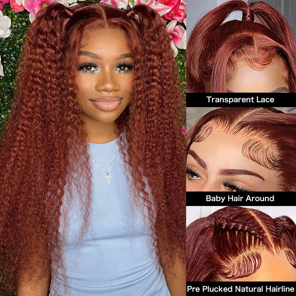 13X6 13X4Reddish Brown 40inch Kinky Curly Human Hair Wigs Brazilian Remy Jerry Curly Lace Frontal Wig Transparent Lace Front Wig