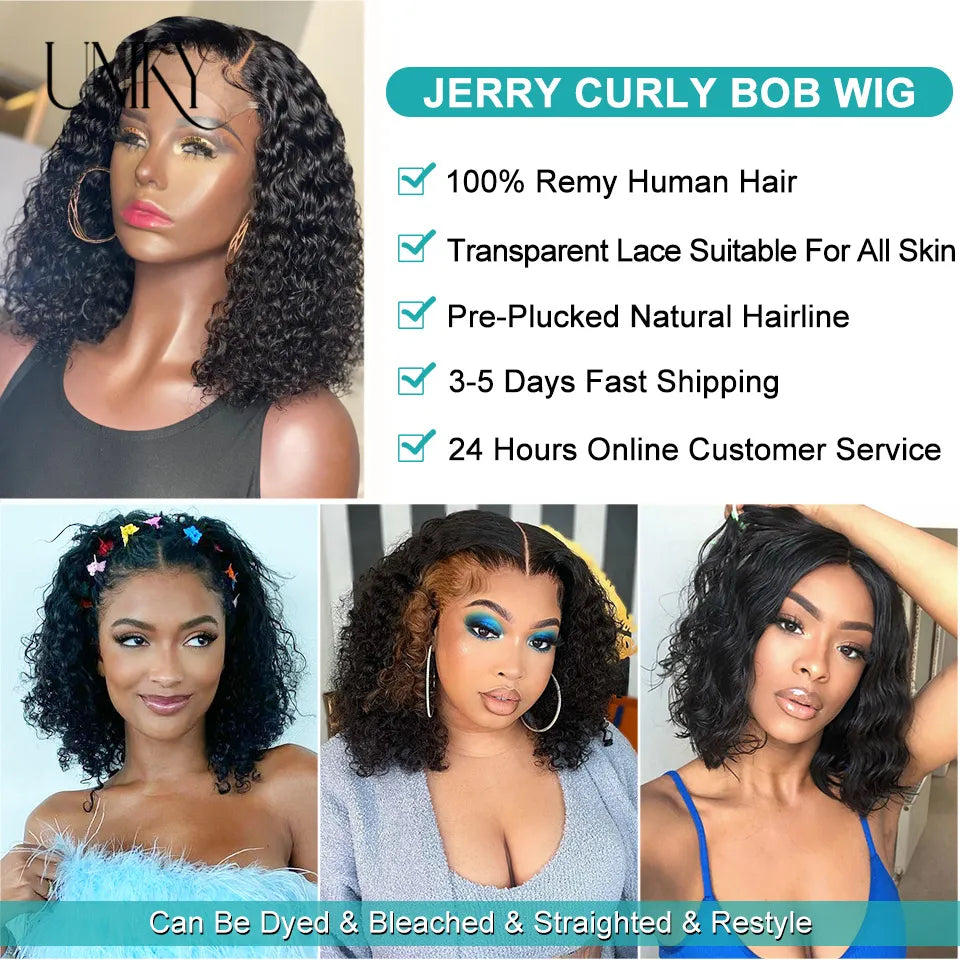 Short Curly Human Hair Bob Wig Water Lace Front Human Hair Wigs ForWomen PrePlucked Brazilian Glueless T Part Lace Wig Unikyhair