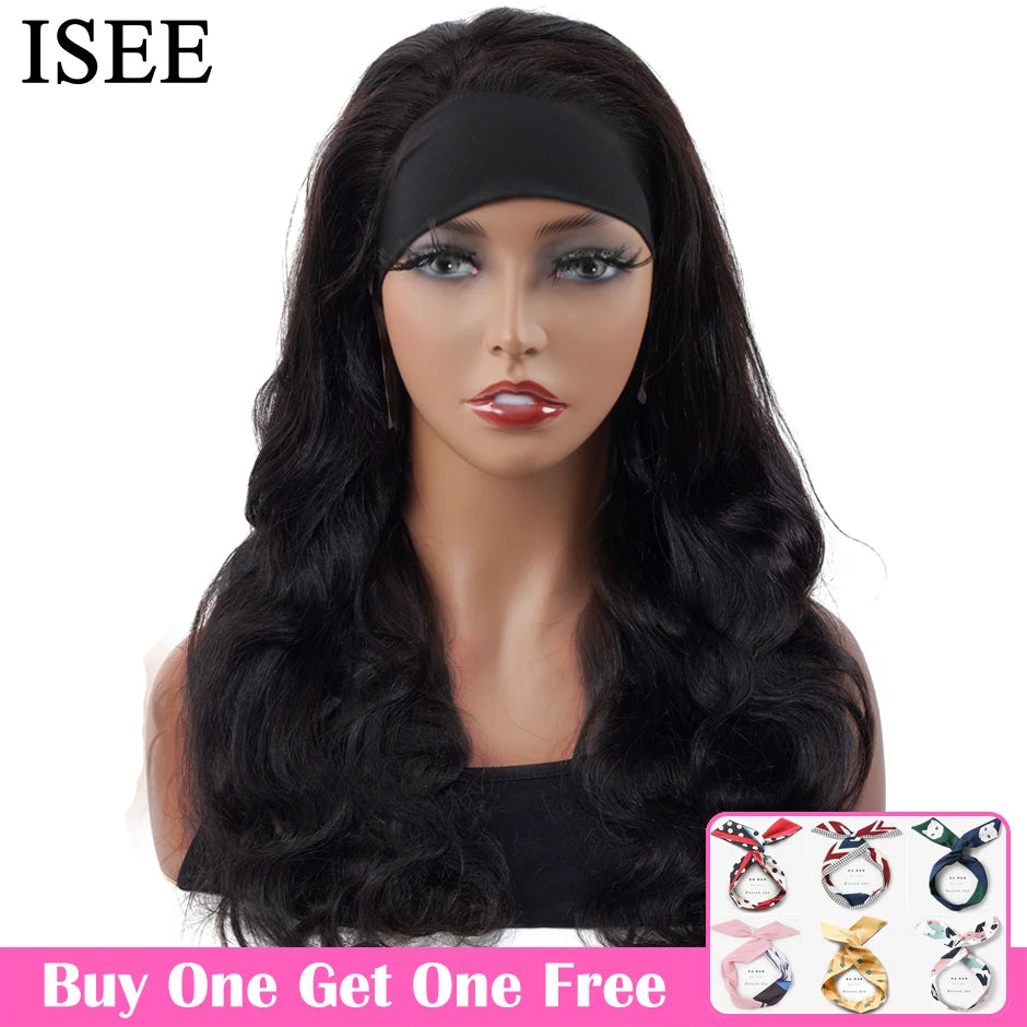 ISEEHAIR Headband Wig Natural Color Body Wave Human Hair Wigs Scarf Wig Peruvian Hair Body Wave Wig Glueless Wig for Women