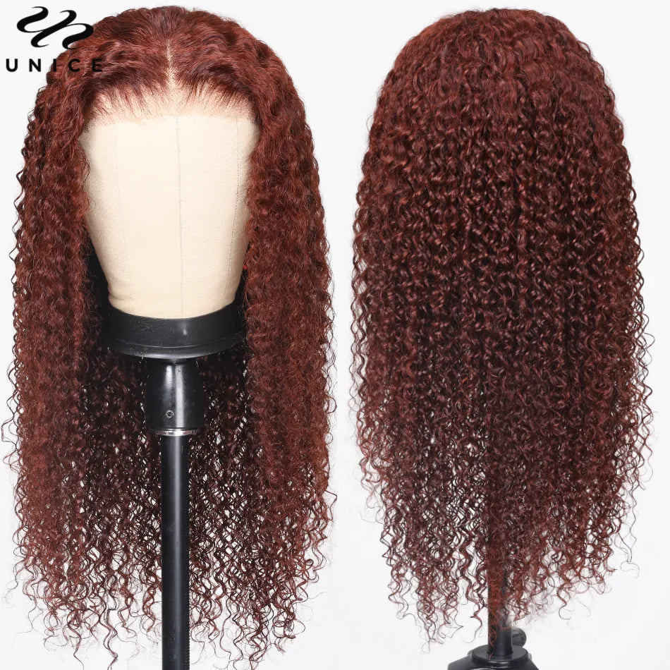 UNice First Ever Glueless 13x4 Frontal Wig Reddish Brown Curly Human Hair Lace Front Wig PreCut PreBleached PrePlucked Lace Wig