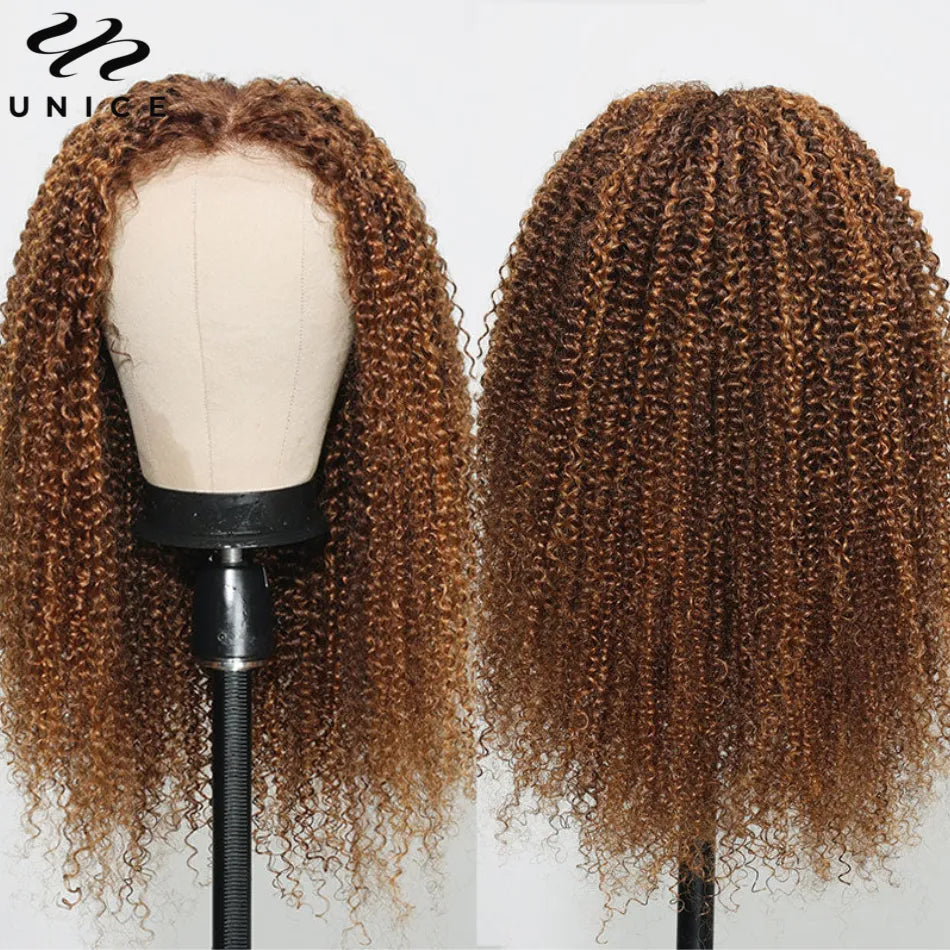 UNice Bye-Bye Knots Wig 7x5Inch Pre-Cut Lace Kinky Curly Human Hair Lace Wig Blonde Brown Mixed Wear Go Glueless Wigs for Women