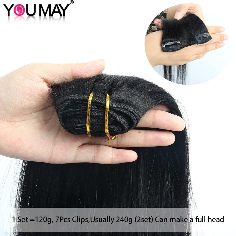 Clip In Human Hair Extensions Light Yaki Straight Hair Bundles Brazilian RemyYaki Coarse Kinky Clip Ins For Black Women Youmay