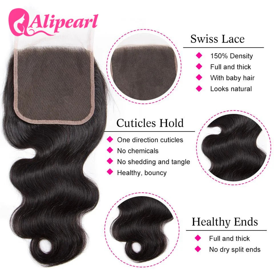 AliPearl Hair Body Wave 5x5 Lace Closure Free Part Brazilian Human Hair Lace Closure With Baby Hair Pre-Plucked Natural Color